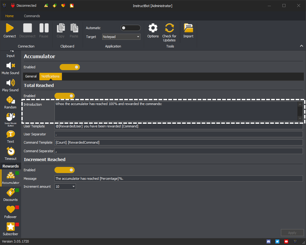 Example showing the total reached notification introduction text for the accumulator in InstructBot.